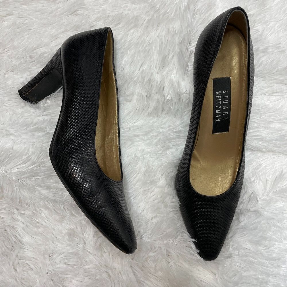 Stuart Weitzman black pump heel pebbled leather 7 - Picture 1 of 12